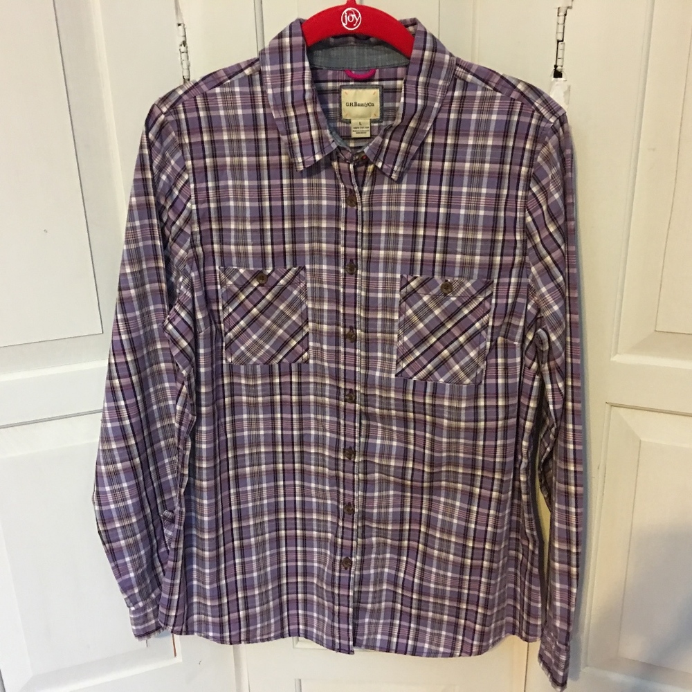 G. H. Bass Purple Plaid Button Down Cotton Blouse